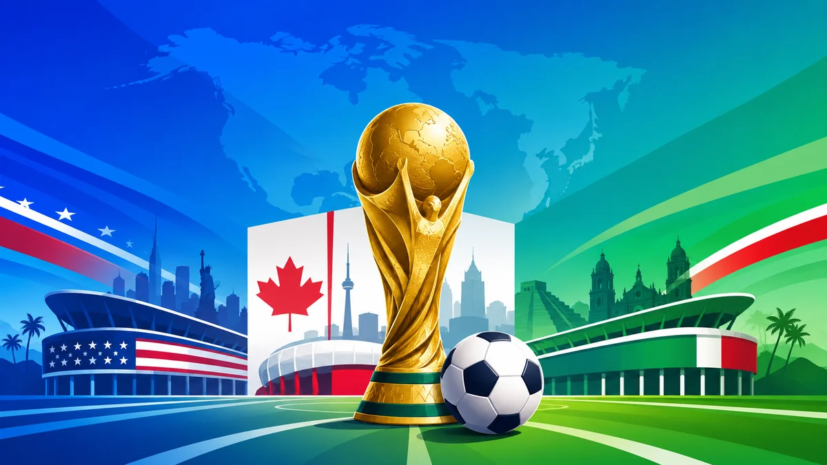 FIFA World Cup 2026 trophy with USA, Canada and Mexico stadiums and a soccer ball