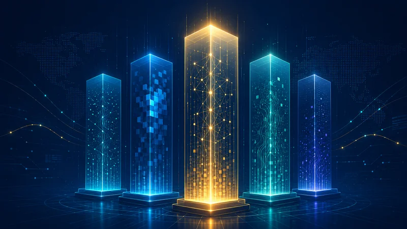 Several glowing AI model pillars competing at the frontier, with one tall context tower