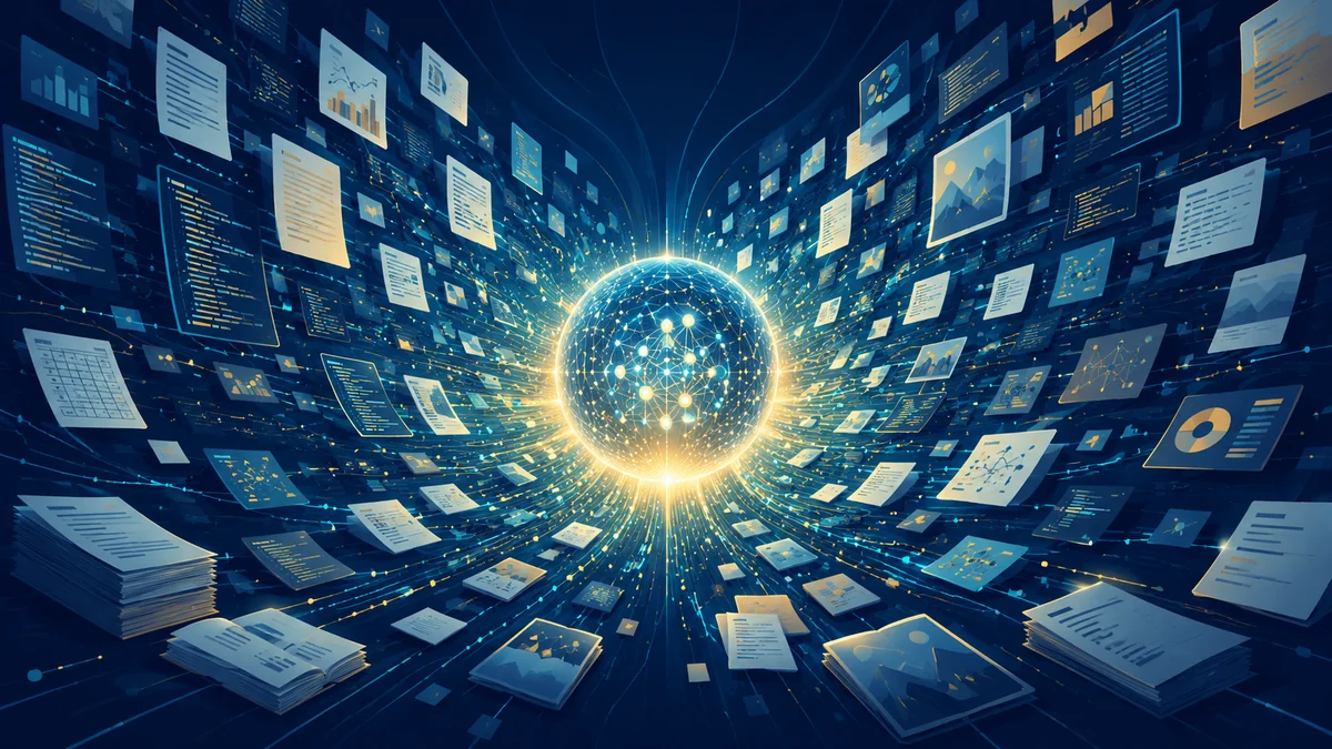 A glowing AI core absorbing a vast stream of documents and data, representing a huge context window