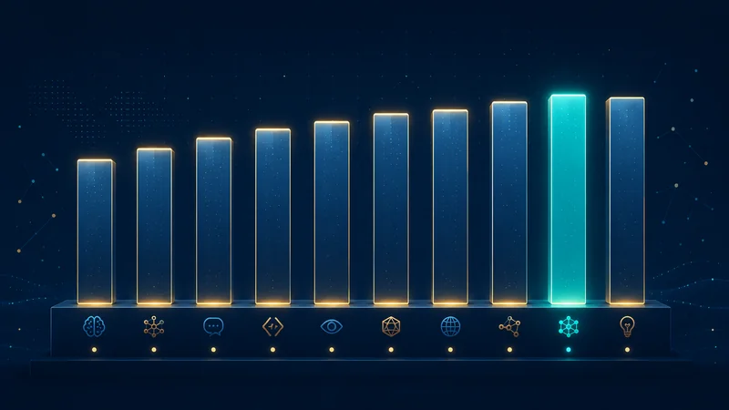 An abstract benchmark leaderboard with a teal open-source bar standing near the top among taller bars