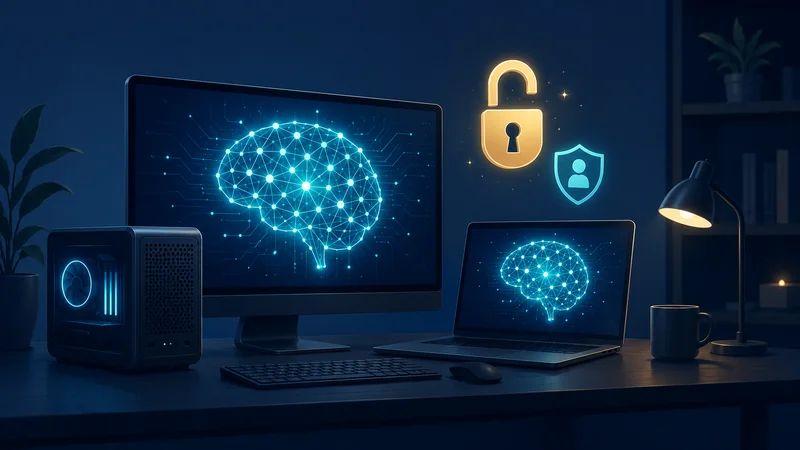 A desktop computer running a glowing AI brain locally, with an open padlock and a privacy shield