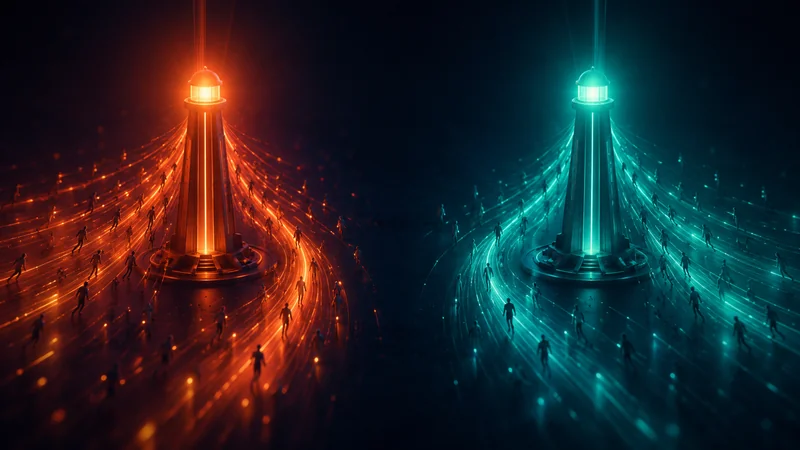 Two glowing beacon towers drawing streams of light, representing OpenAI and Anthropic recruiting talent