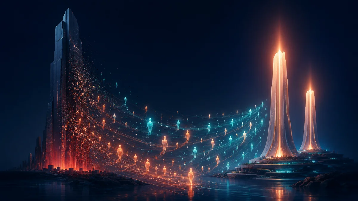 Glowing figures streaming out of a dimming tower toward two brighter beacons, symbolizing AI talent leaving