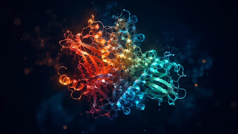 A luminous 3D protein-fold structure glowing on a dark background, representing AI for science