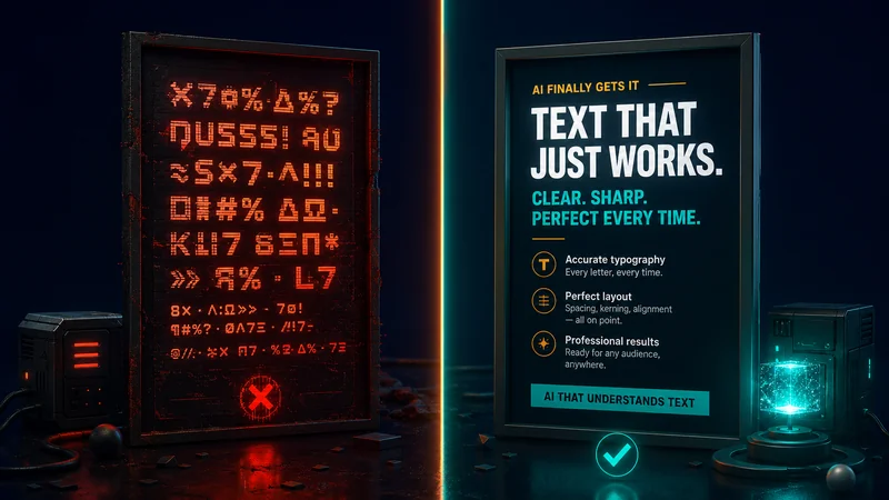 Split comparison: garbled AI text on the left versus crisp readable AI-generated text on the right