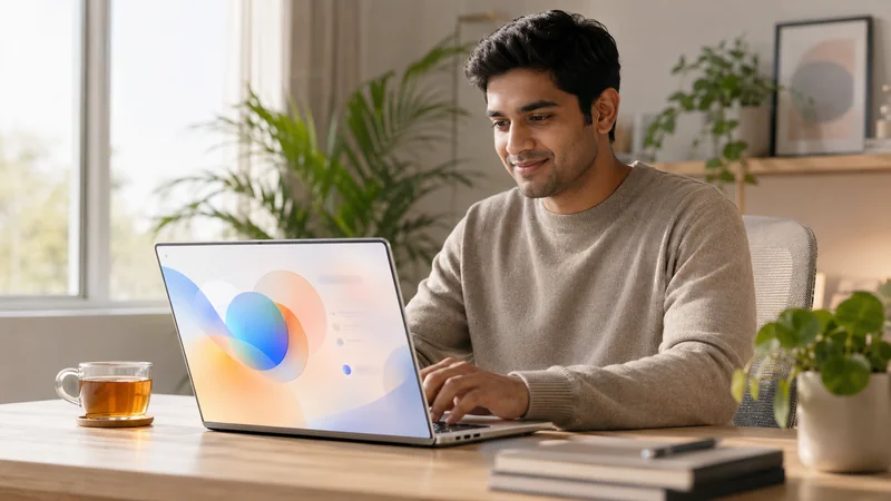 Person working on a premium laptop with AI assistant — 2026 home office setup