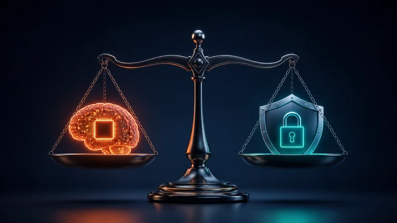 A balance scale weighing AI innovation against national security with a padlock