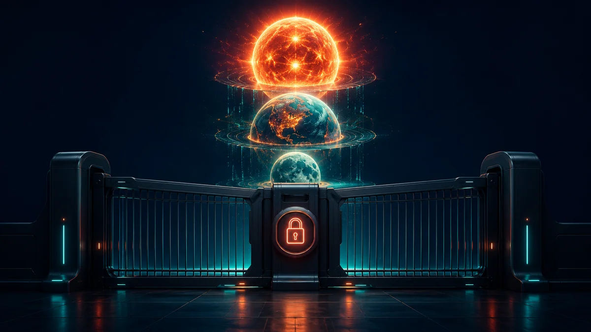 A glowing AI core split into three tiers behind a government security gate