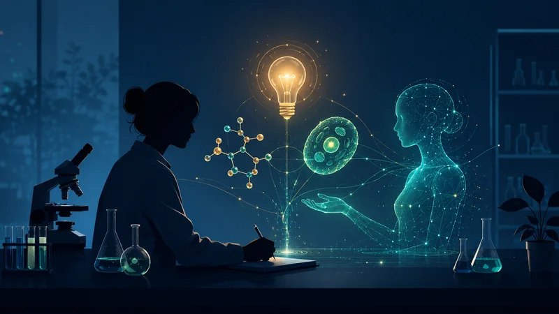 A scientist silhouette working at a lab bench alongside a glowing AI assistant, sharing a lightbulb idea