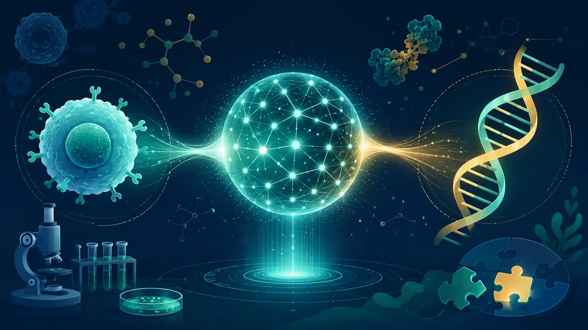A glowing AI orb linked to an immune T-cell and a DNA helix, representing AI helping solve a biology mystery