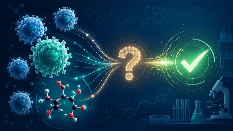 Stylized T-cells and a glucose molecule with a question mark resolving into an answer