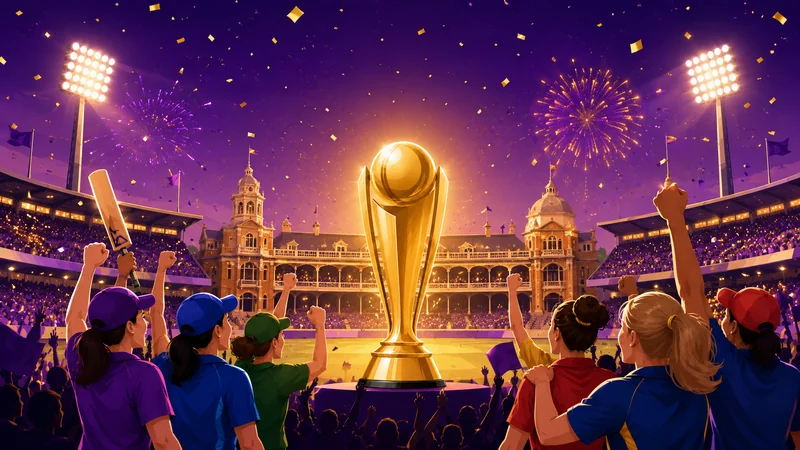 Women's T20 World Cup 2026 final night at Lord's cricket ground with the trophy