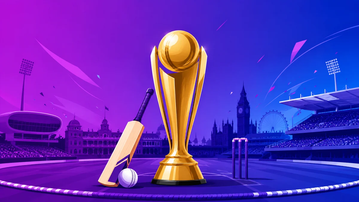 ICC Women's T20 World Cup 2026 trophy with a cricket bat, ball and England stadium