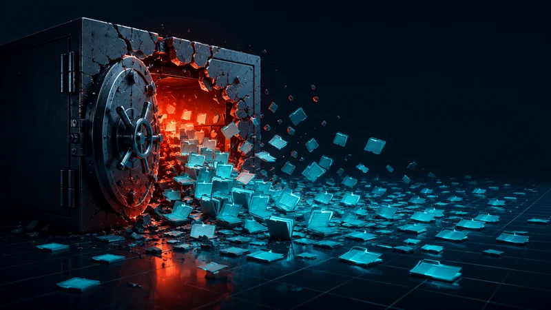 Glowing confidential files spilling from a cracked digital vault onto a dark grid