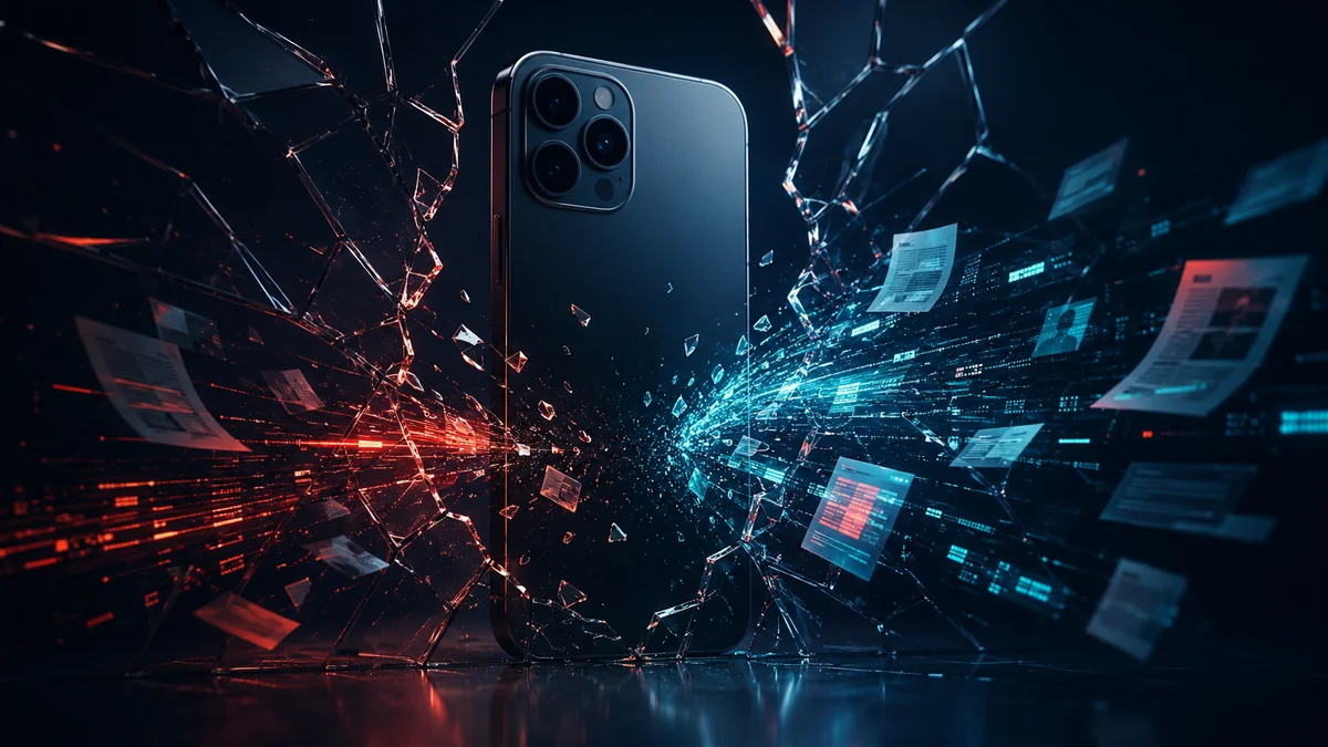 A silhouetted premium smartphone behind shattered digital glass with leaking data streams
