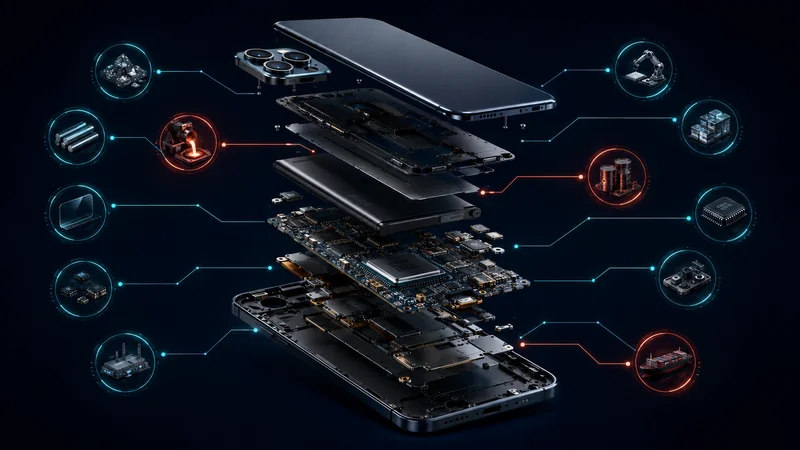 An exploded-view smartphone with lines connecting components to supplier nodes, some highlighted in red