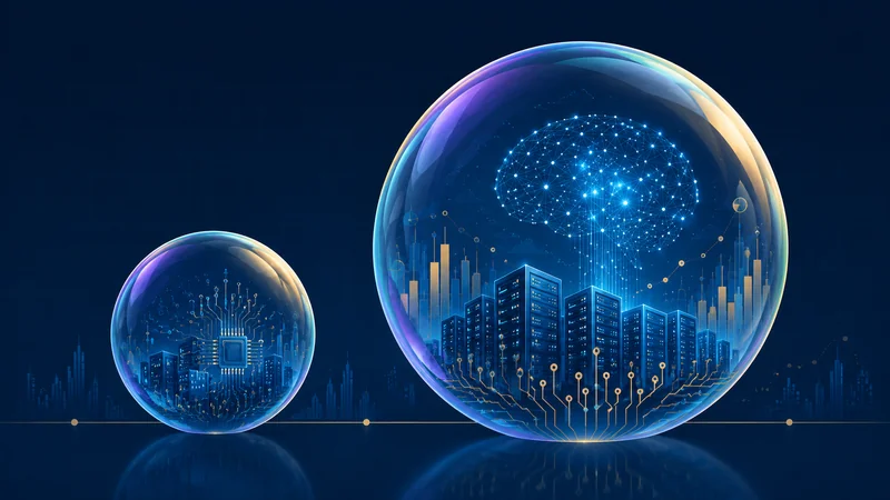 A small dot-com-era bubble next to a much larger AI bubble, illustrating the difference in scale