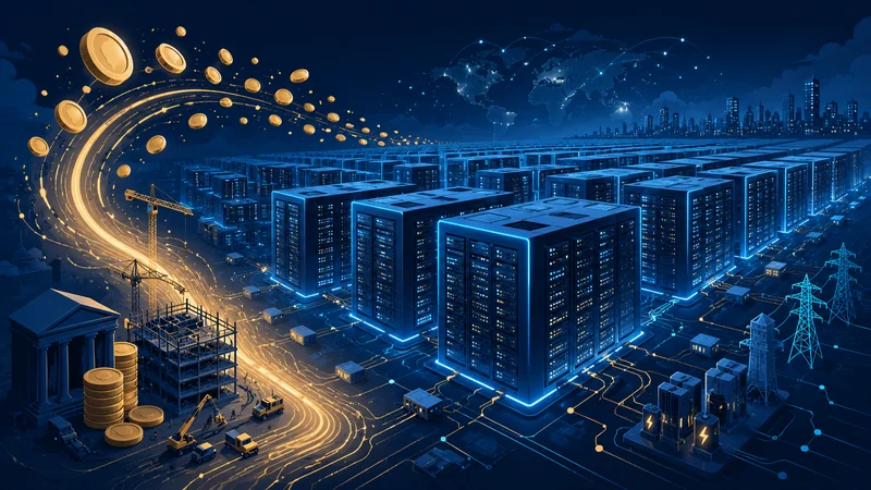 Rows of glowing AI data centers with energy and money motifs, representing massive AI capital spending