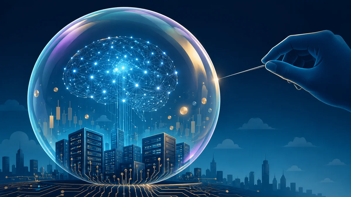 A giant iridescent bubble enclosing a glowing AI core floating over data centers, with a needle approaching
