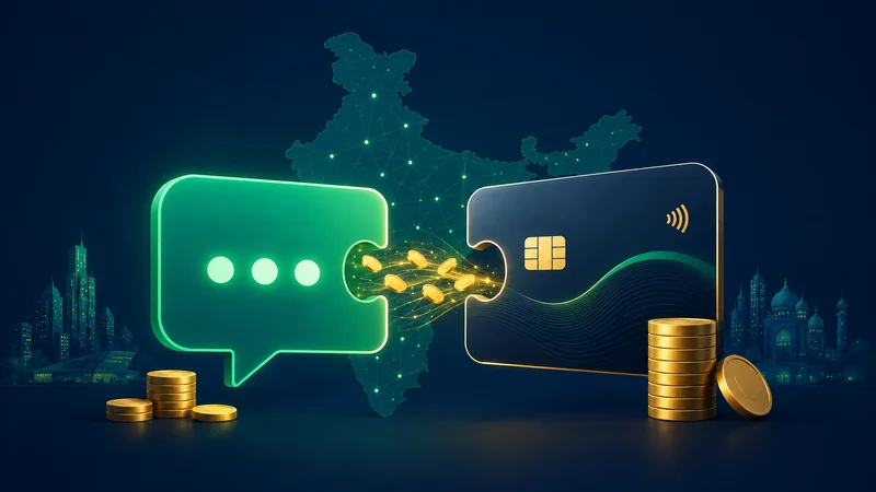 Two puzzle pieces shaped like a chat bubble and a fintech card joining, with gold coins flowing