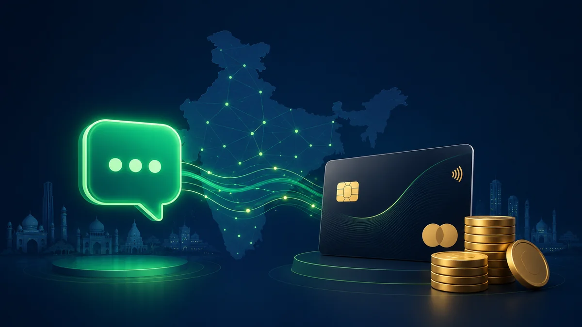 A green chat bubble linked to a premium credit card and gold coins over a stylized map of India