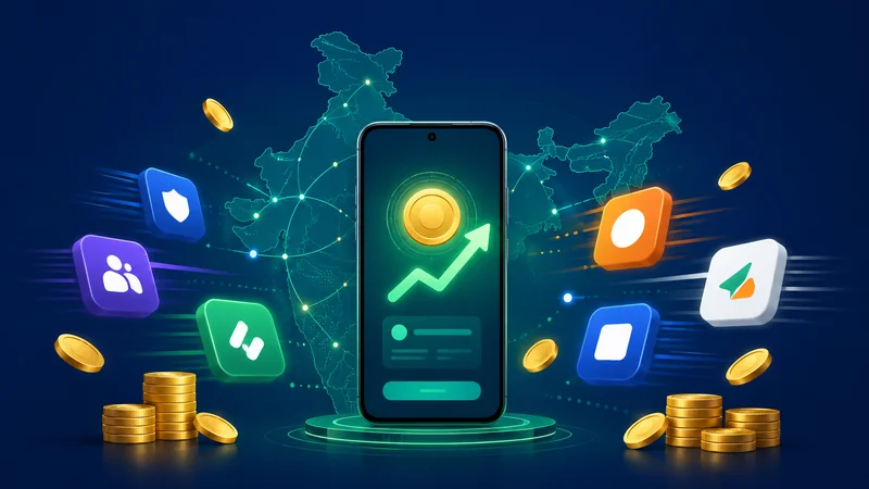 A smartphone showing a digital payments screen with coins over a map of India, representing the UPI race