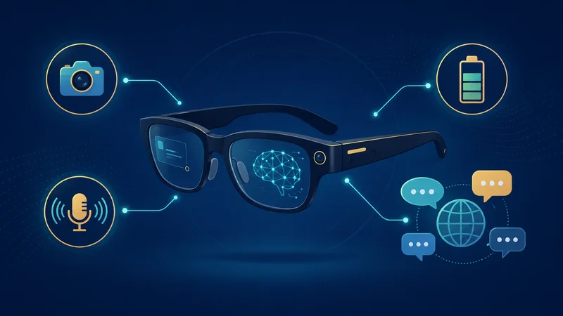 Smart glasses surrounded by icons for camera, microphone, battery and multilingual translation
