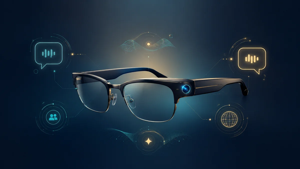 A sleek pair of AI smart glasses with glowing translation and interface elements around them