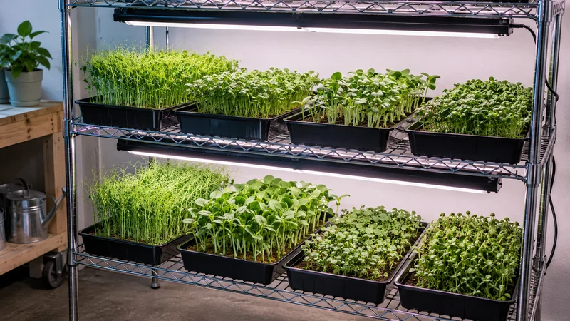 Indoor microgreens growing setup with trays under T5 grow lights