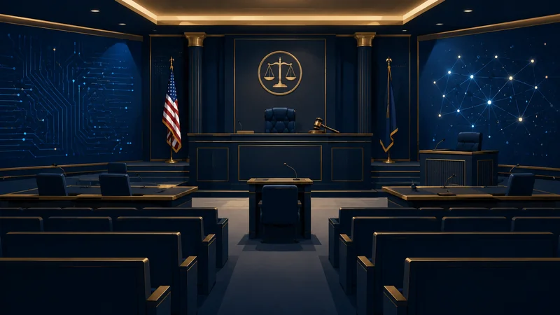 Empty federal courtroom with gavel, representing the Musk versus OpenAI jury trial in Oakland