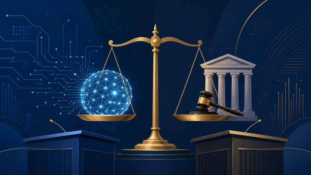 Scales of justice beside a glowing AI orb, symbolizing the Musk versus OpenAI courtroom battle