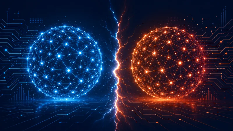 Two rival AI orbs facing off across a divide, symbolizing the OpenAI versus xAI rivalry