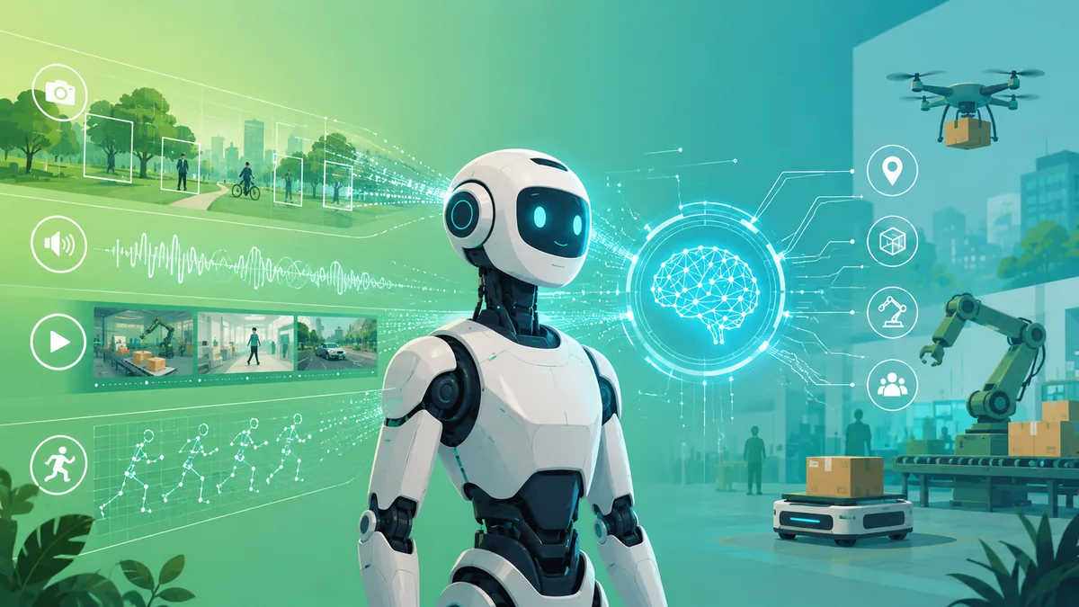 A humanoid robot perceiving its environment through an AI world model, with multimodal data streams of vision, sound and motion