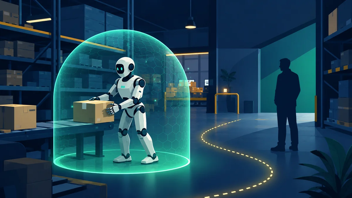 A humanoid robot in a warehouse surrounded by a glowing protective safety halo, near a human worker