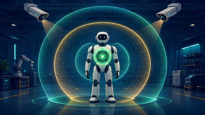 A humanoid robot wrapped in concentric safety layers with external ceiling cameras watching it