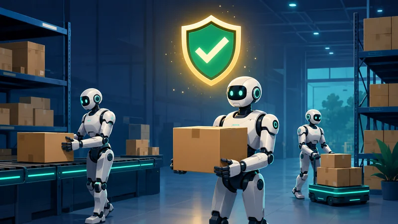 Several humanoid robots working safely in a warehouse beneath a glowing safety-certified badge