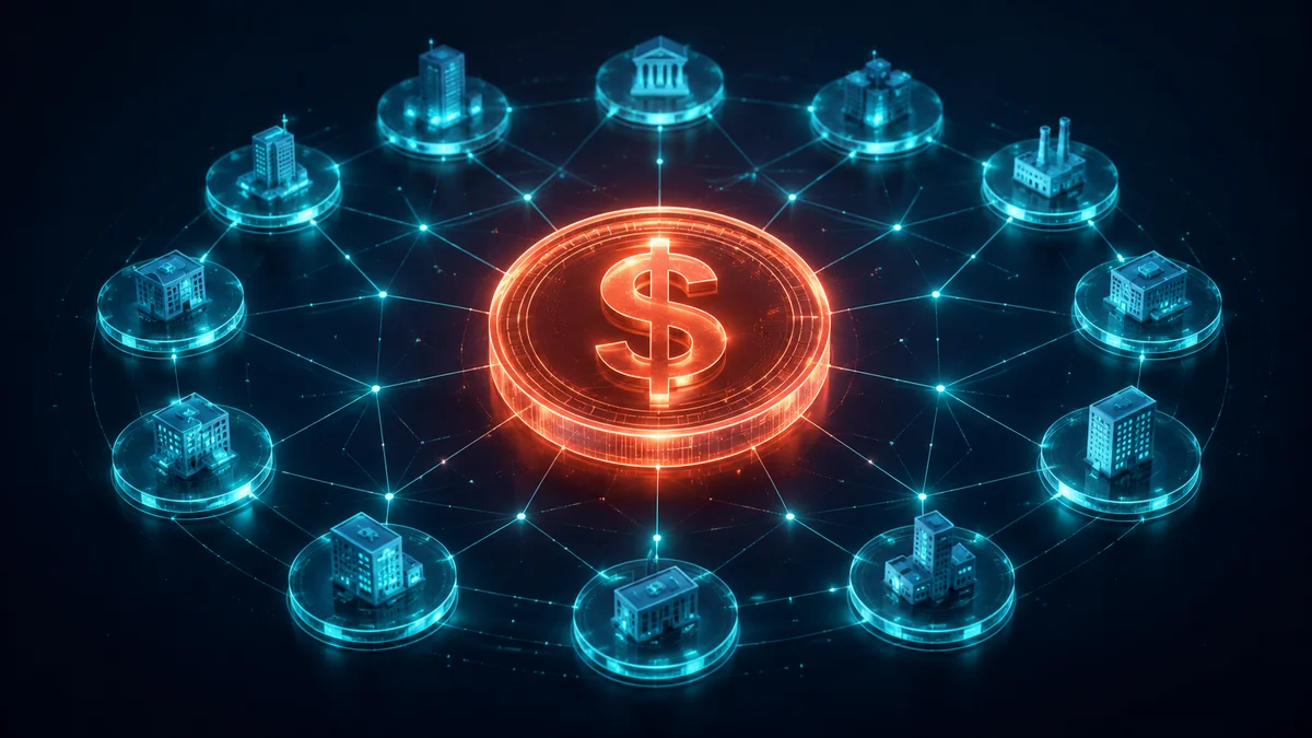 A glowing digital US dollar coin at the center of a network of connected partner nodes