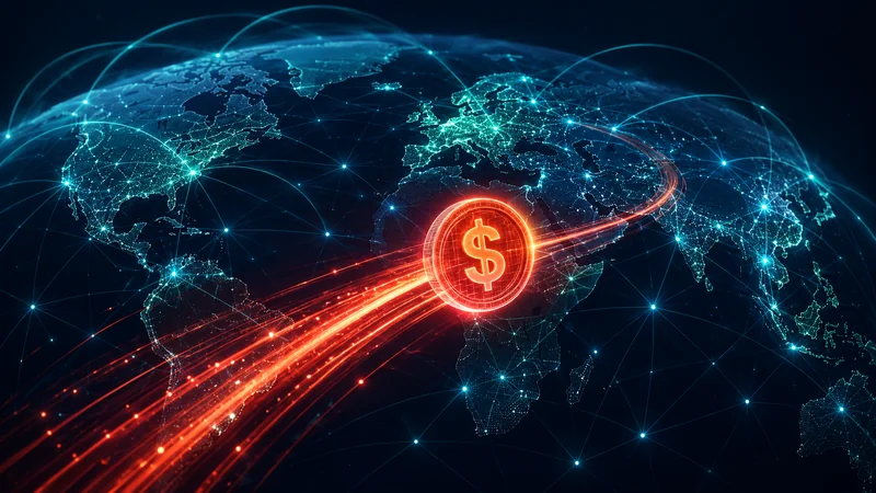 A glowing digital dollar coin traveling across a worldwide payments network