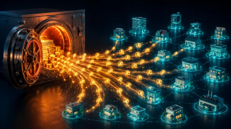 A glowing reserve vault sending streams of yield out to many business nodes instead of one