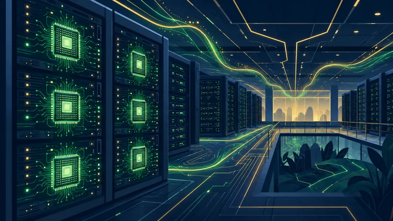 Rows of AI data-center servers powered by glowing custom chips