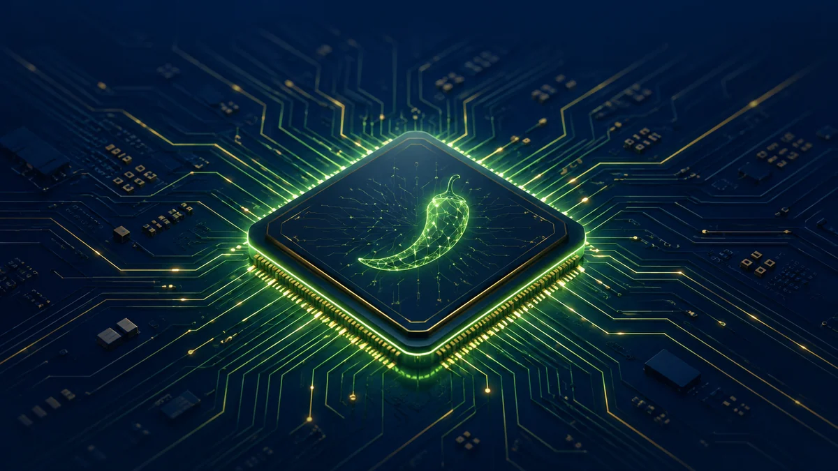 A glowing custom AI inference chip on a circuit board with neural-network patterns