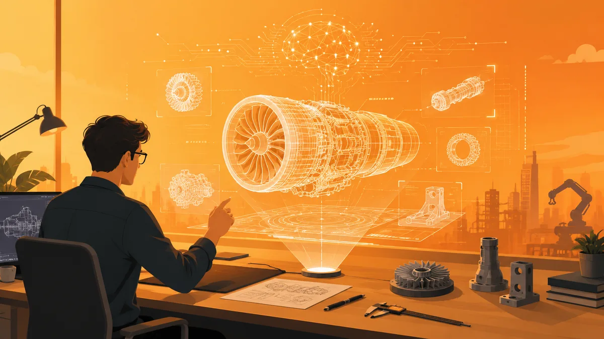 AI-generated holographic CAD blueprint of a jet engine floating above an engineer's desk