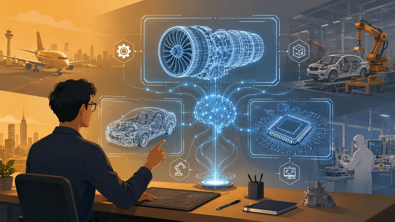 Concept illustration of AI designing and simulating industrial machine parts across aerospace, automotive and chip industries