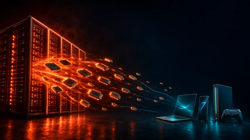 An AI data center pulling glowing memory chips away from a laptop, phone and game console in a tug-of-war