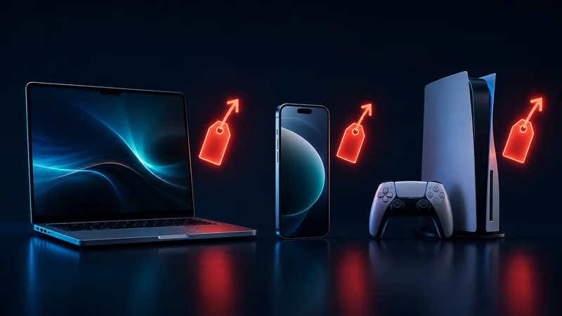 A laptop, smartphone and game console each tagged with a rising price label