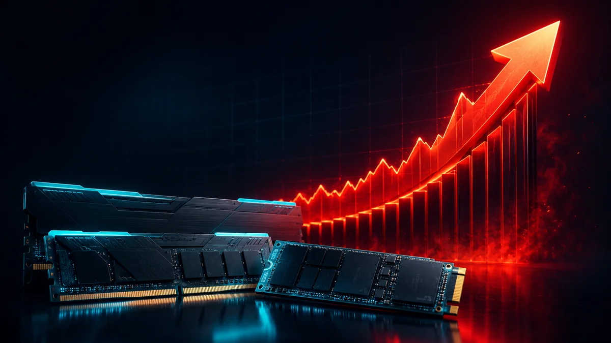 Glowing RAM modules and an SSD beside a steep upward price arrow on a dark background