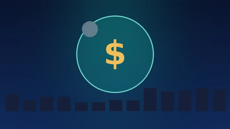 A giant shiny bubble shaped like a dollar sign inflating over a city skyline