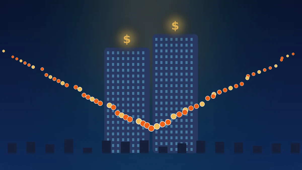 A giant stream of money funneling into two towering glowing AI cores while small startups sit in shadow
