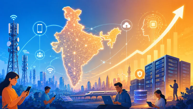India's digital and AI growth concept with a network across the country and a rising market