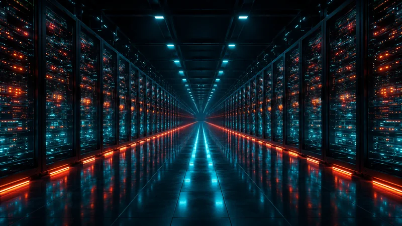Rows of glowing AI server racks in a vast data center, representing surging demand for memory chips